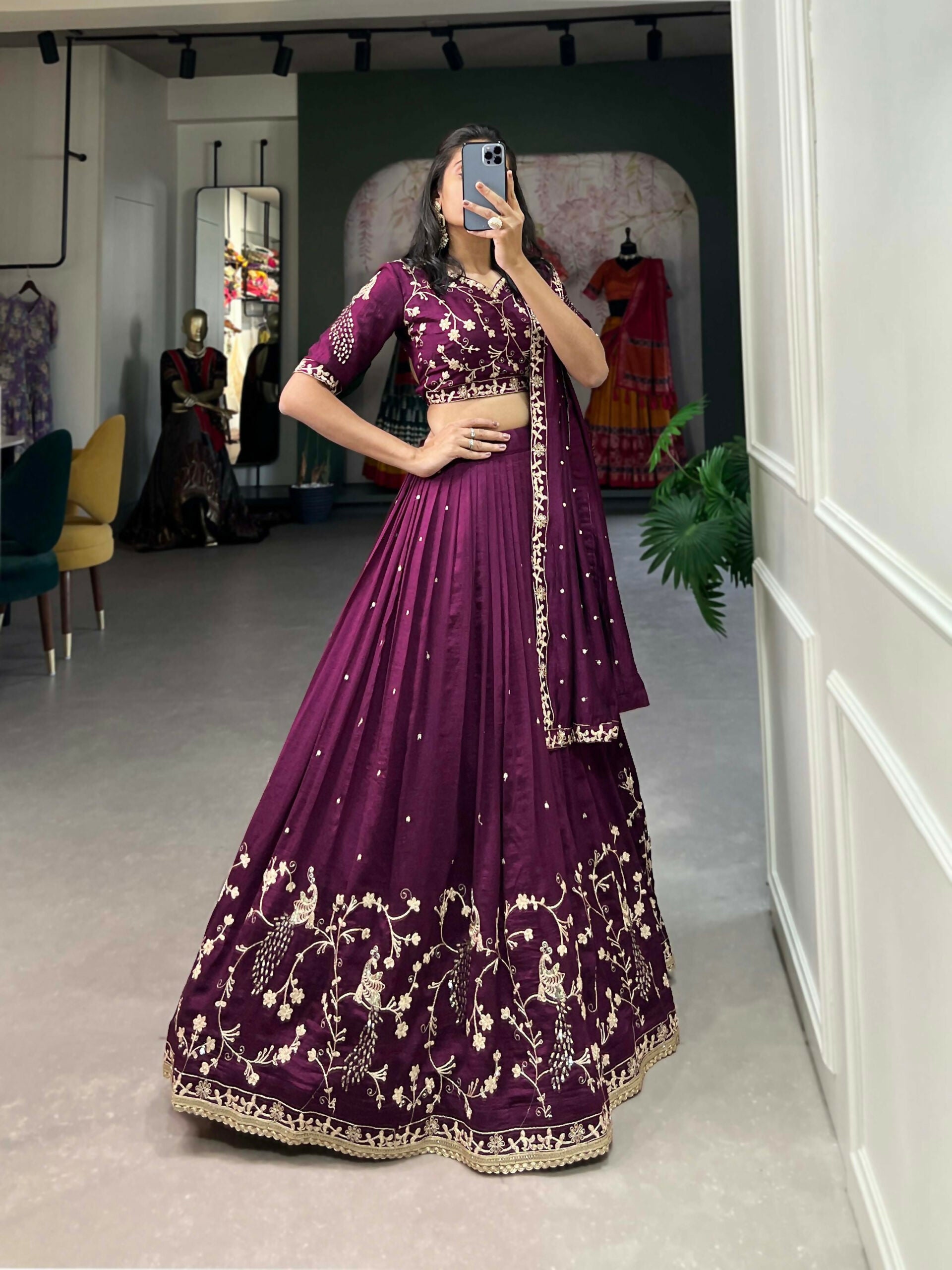 Vastranavya Vichitra Silk Sequins And Thread Embroidery Work Lehenga Choli - Wine - Distacart