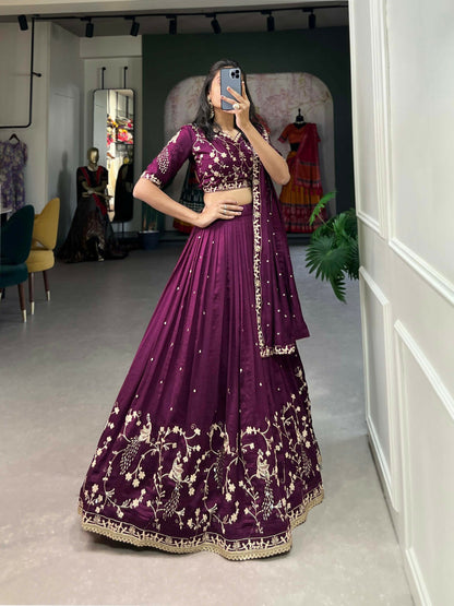 Vastranavya Vichitra Silk Sequins And Thread Embroidery Work Lehenga Choli - Wine - Distacart