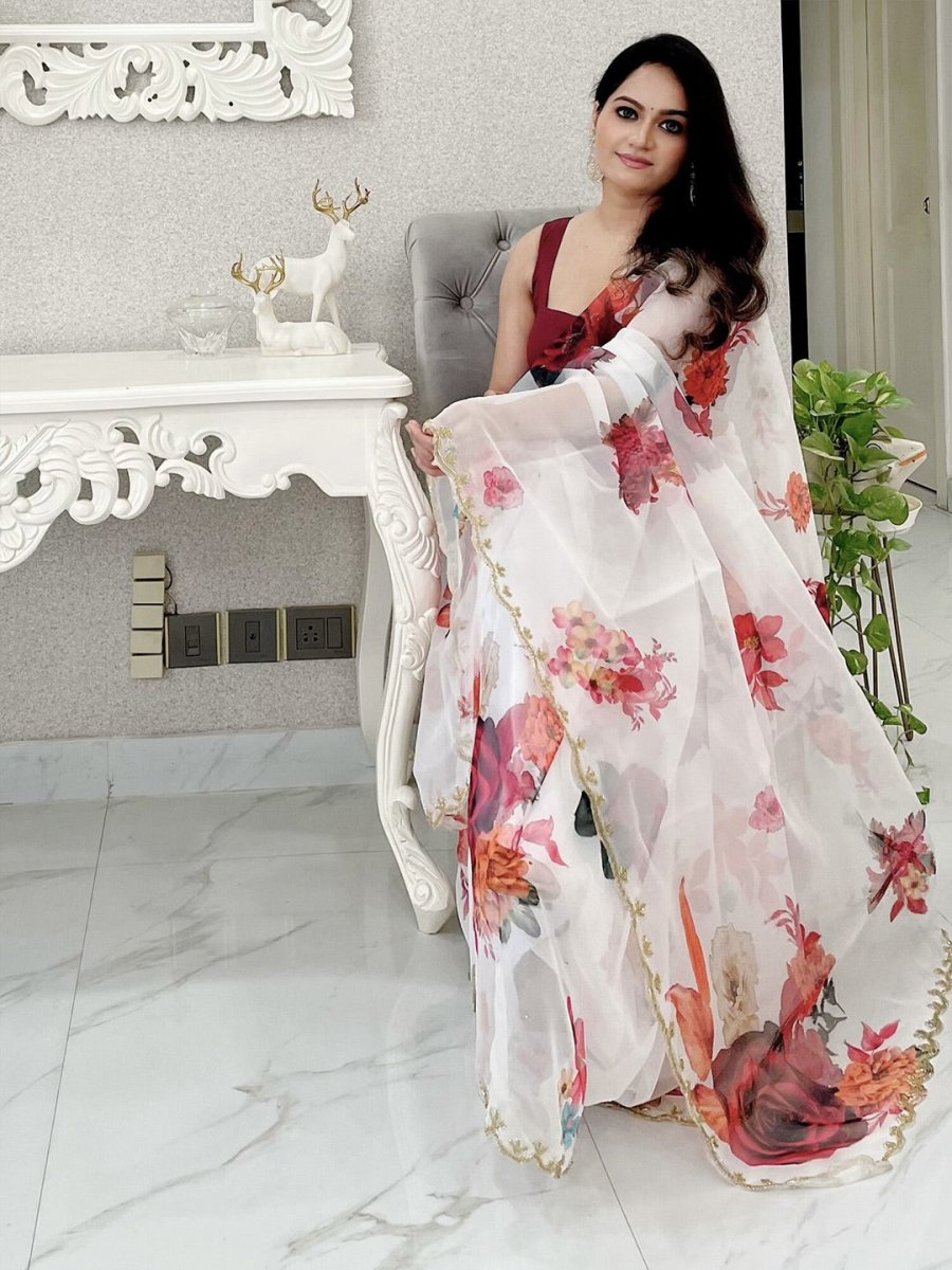 Anouk White & Maroon Floral Printed Organza Saree - Distacart