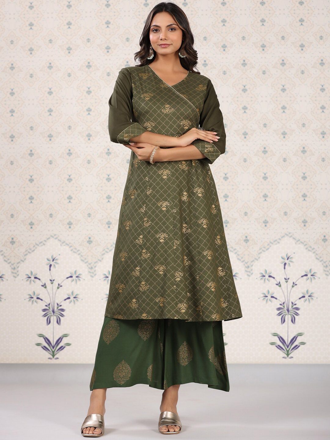 Ode by House of Pataudi Olive Green & Gold Printed V Neck Angrakha Kurta With Palazzos - Distacart