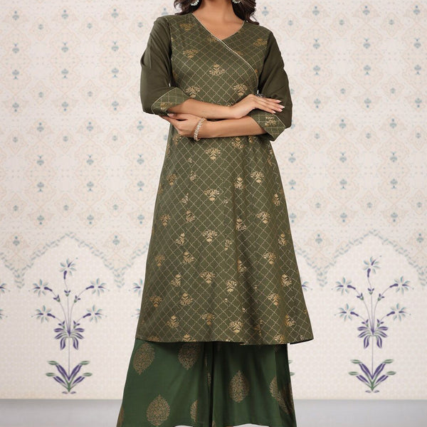 Ode by House of Pataudi Olive Green & Gold Printed V Neck Angrakha Kurta With Palazzos - Distacart