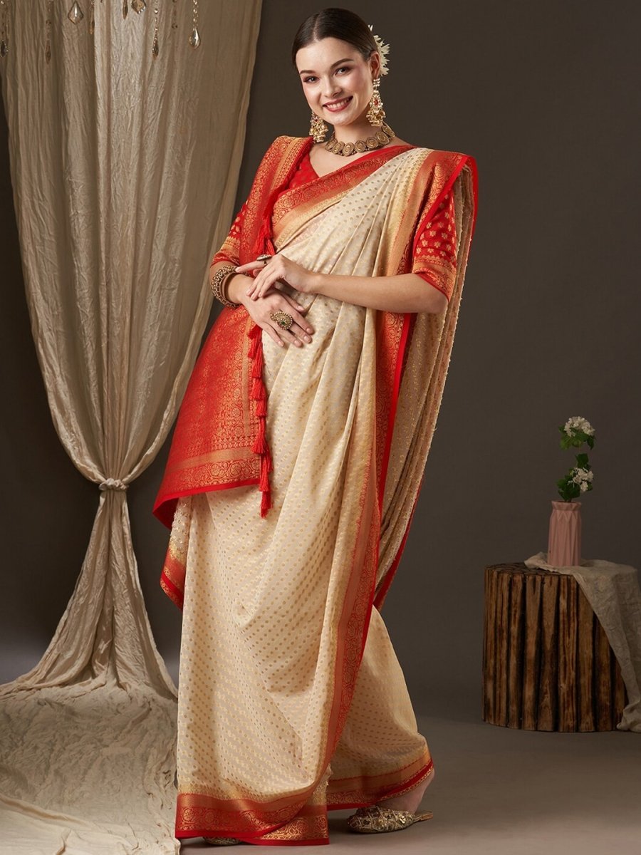 Anouk Off White & Red Woven Design Zari Pure Georgette Kanjeevaram Saree - Distacart