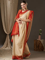 Thumbnail for Anouk Off White & Red Woven Design Zari Pure Georgette Kanjeevaram Saree - Distacart