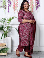 Thumbnail for Swasti Plus Size Floral Printed Sequinned Pure Cotton Kurta With Trouser & Dupatta