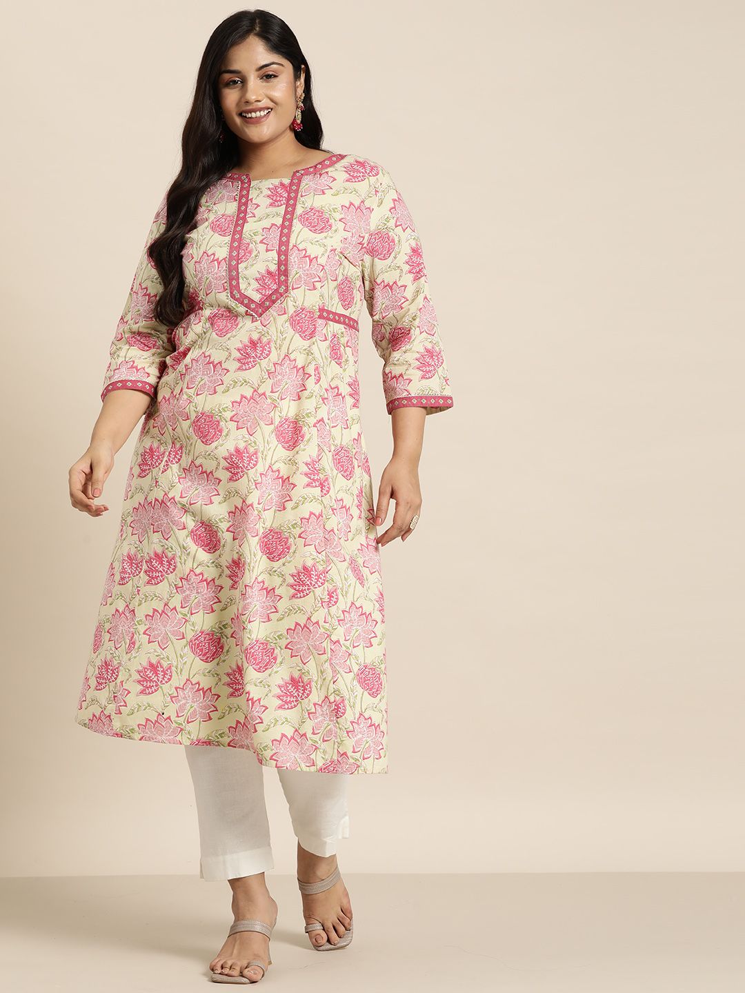 Sztori Plus Size Cotton Floral Print Gotta Patti Kurta - Distacart
