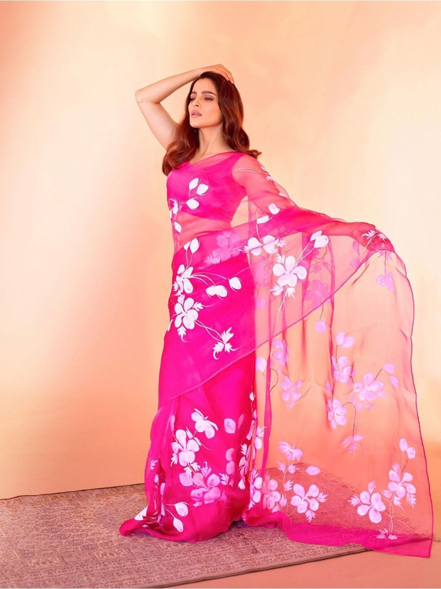 Anouk Pink Floral Printed Organza Saree - Distacart