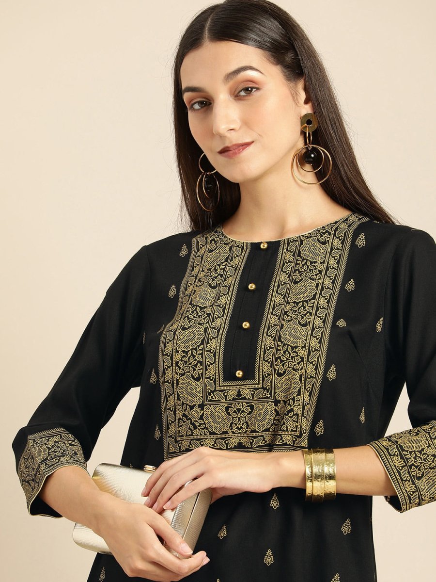 All About You Women Black & Mustard Yellow Printed Kurta with Trousers - Distacart