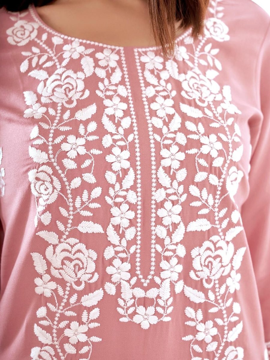 Anouk Floral Embroidered Round Neck Chikankari Straight Kurta - Distacart