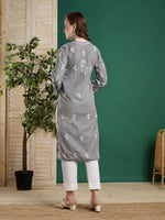 Thumbnail for ADA Women Grey & White Chikankari Embroidered Straight Kurta - Distacart