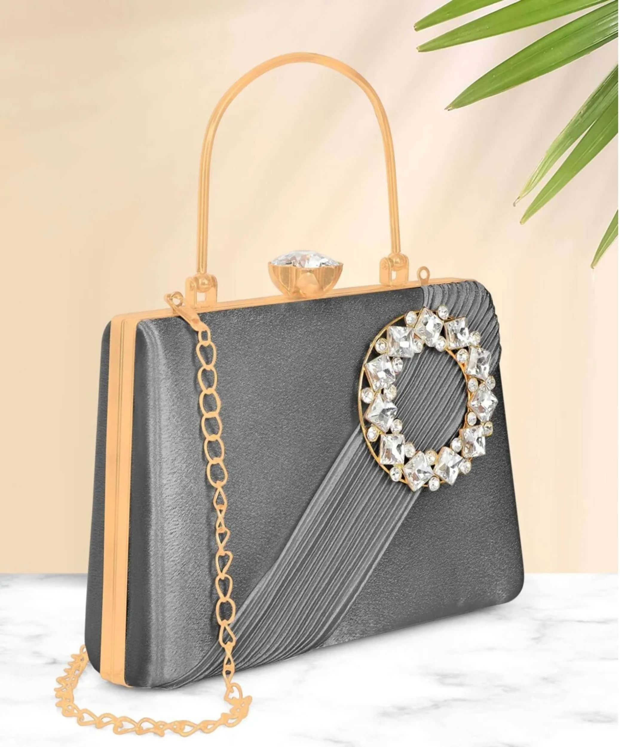 Joban Fashion Luxurious Satin Evening Clutch With Detachable Chain Strap - Grey - Dista