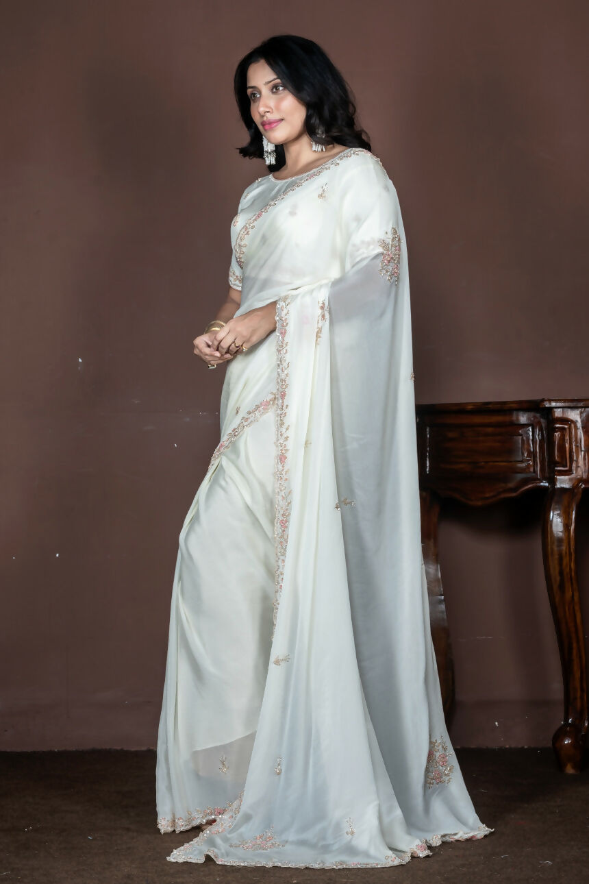 Morchari Off White Chiffon Hand Embroidery Saree And Stitched Blouse - Distacart