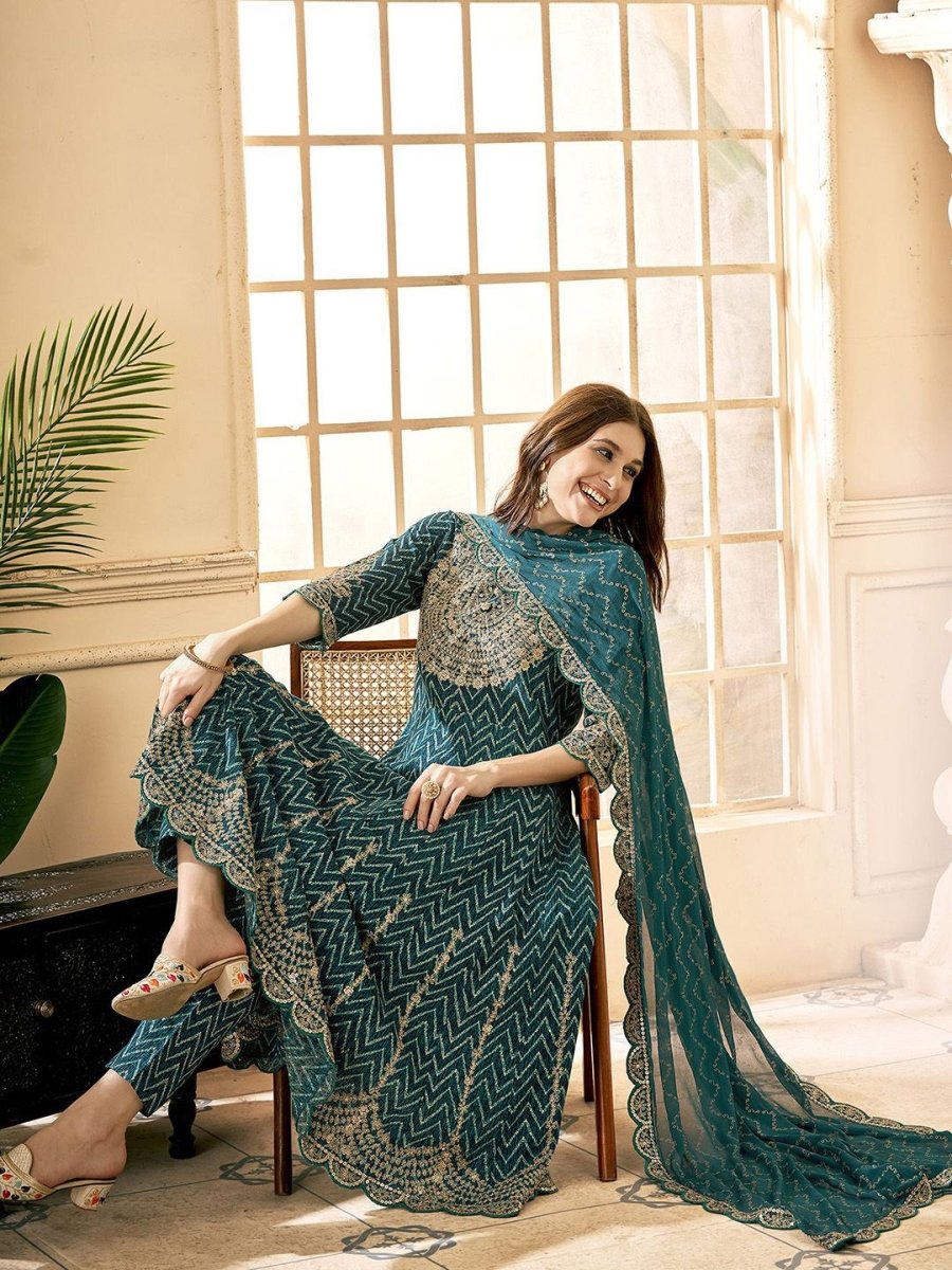 Anouk Embroidered Empire Thread Work Kurta With Trousers & Dupatta