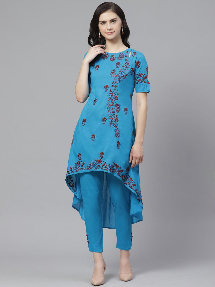 ADA Women Blue & Maroon Chikankari Embroidered High Low Handloom Sustainable Kurta with Trousers - Distacart