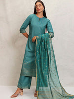 Thumbnail for Vishudh Ethnic Motifs Printed Keyhole Neck Straight Kurta With Palazzos & Dupatta