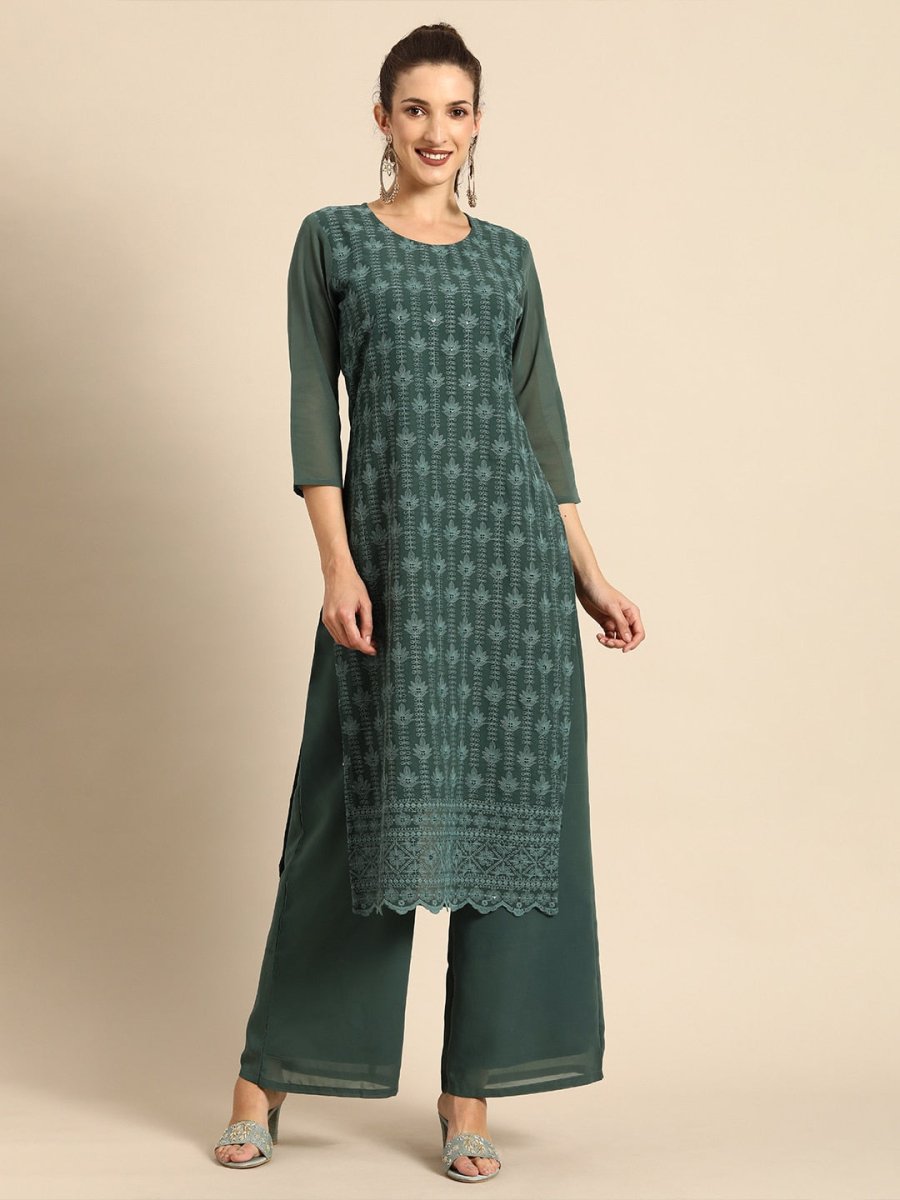 All About You Women Green Ethnic Motifs Embroidered Regular Chikankari Kurta with Palazzos - Distacart