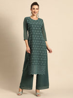Thumbnail for All About You Women Green Ethnic Motifs Embroidered Regular Chikankari Kurta with Palazzos - Distacart