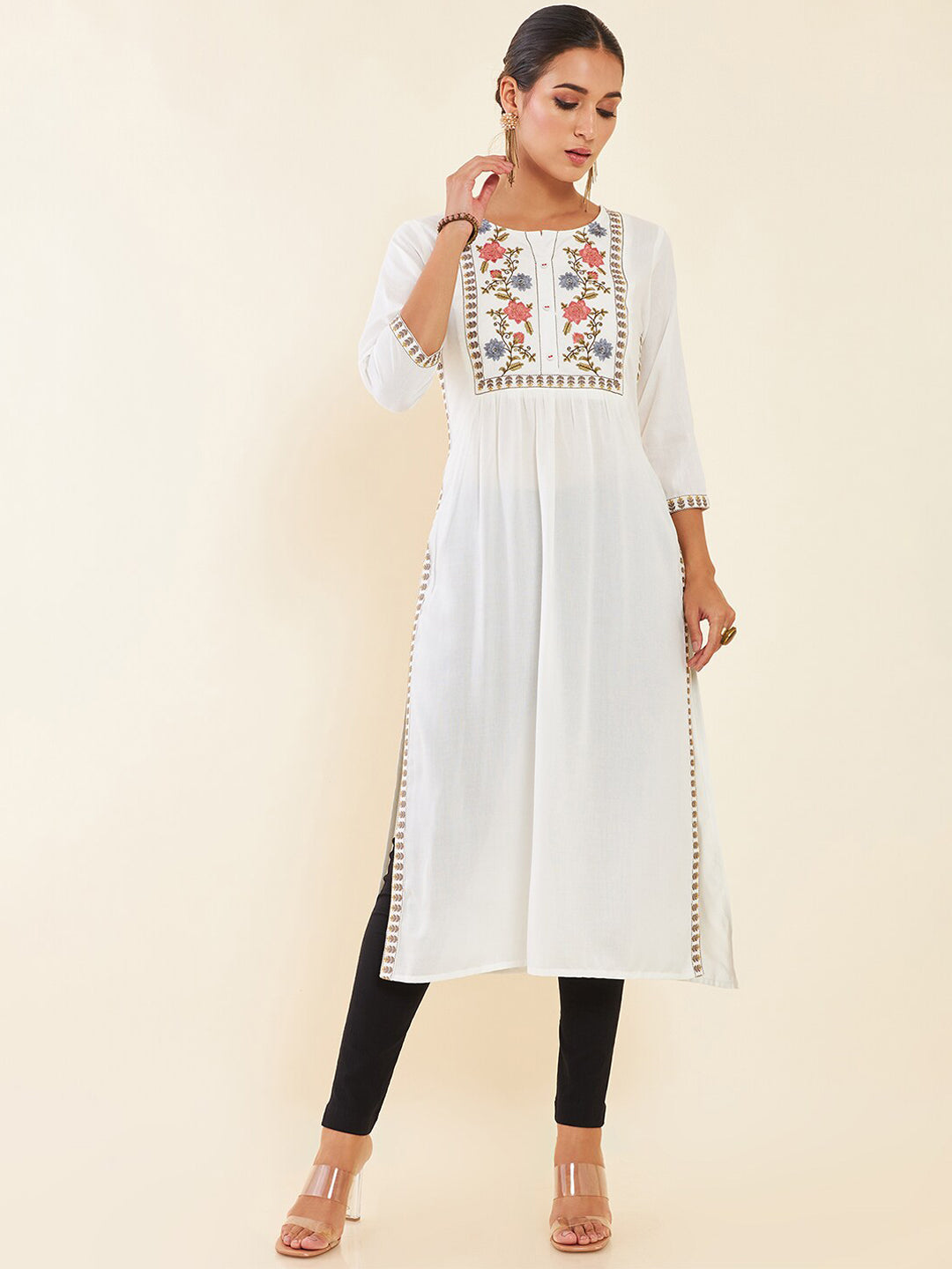 Soch White Floral Embroidered Pleated Kurta - Distacart