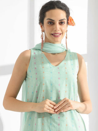 Anouk Turquoise Blue Striped Thread Work Pure Cotton Kurta with Palazzos & Dupatta - Distacart