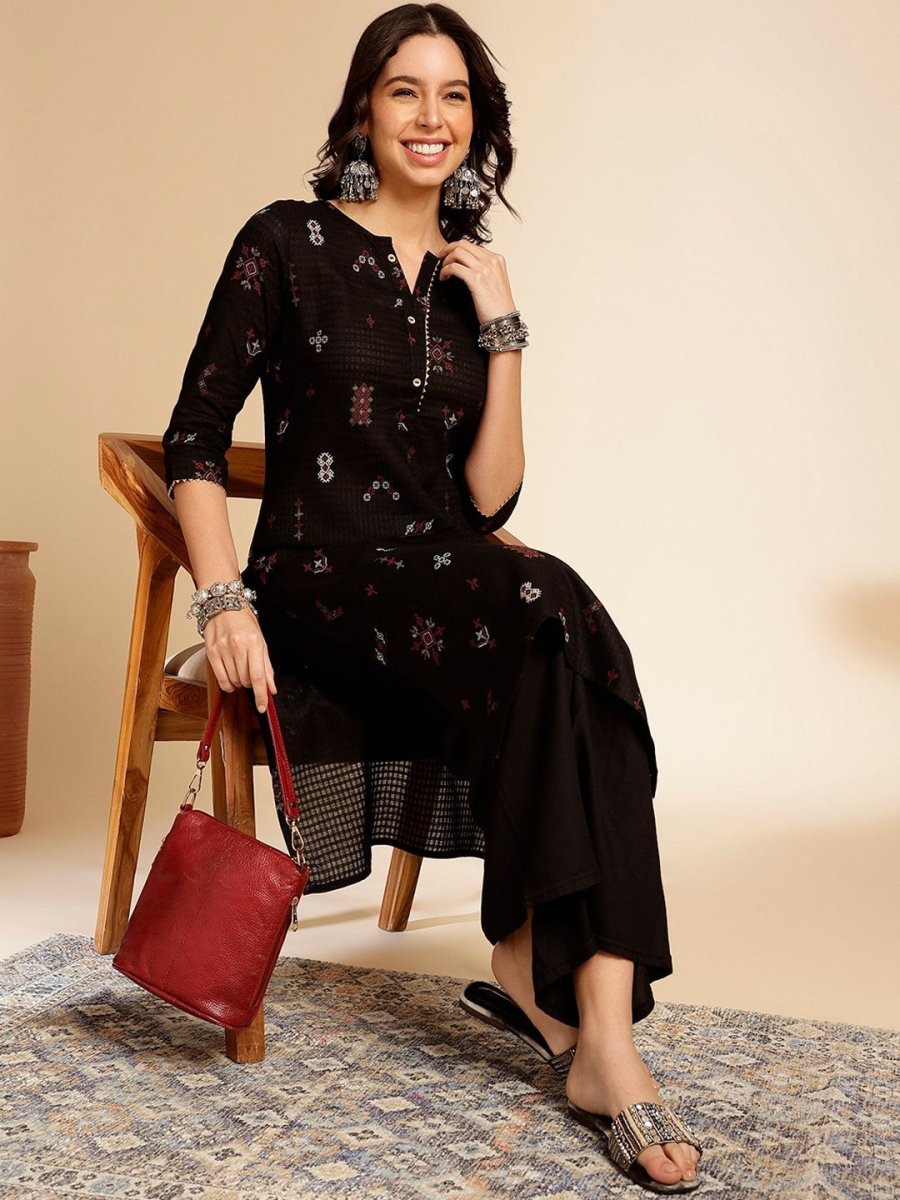 Anouk Black Ethnic Motifs Printed Round Neck Gotta Patti Cotton Straight Kurta - Distacart