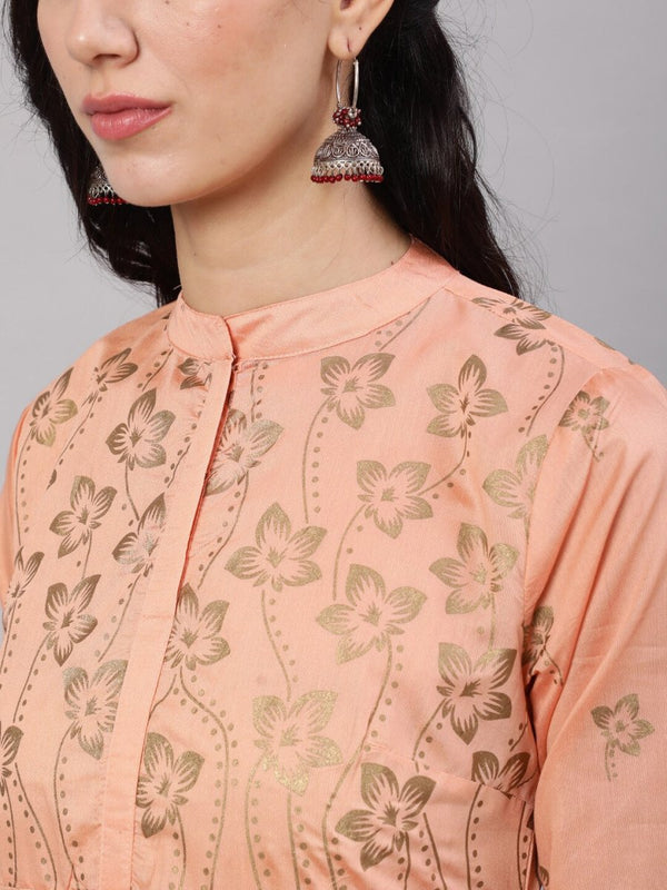 Aks Floral Printed Layered Chanderi Silk A Line Kurta - Distacart