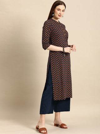 All About You Women Navy Blue & Gold-Toned Ethnic Motifs Printed Regular Kurta - Distacart