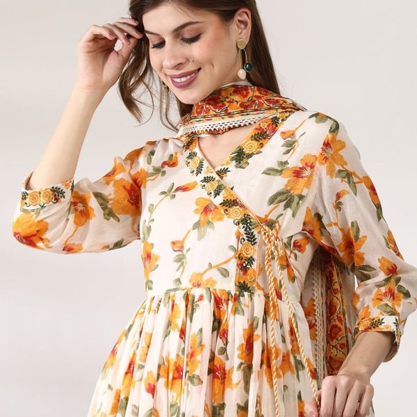 Anouk Floral Printed Angrakha Pure Cotton Straight Kurta with Trousers & Dupatta - Distacart