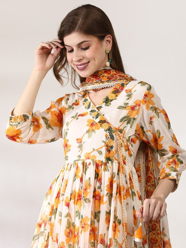 Anouk Floral Printed Angrakha Pure Cotton Straight Kurta with Trousers & Dupatta