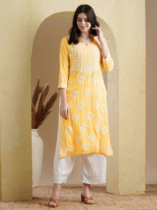 ADA Floral Lucknowi Chikankari Straight Kurta - Distacart