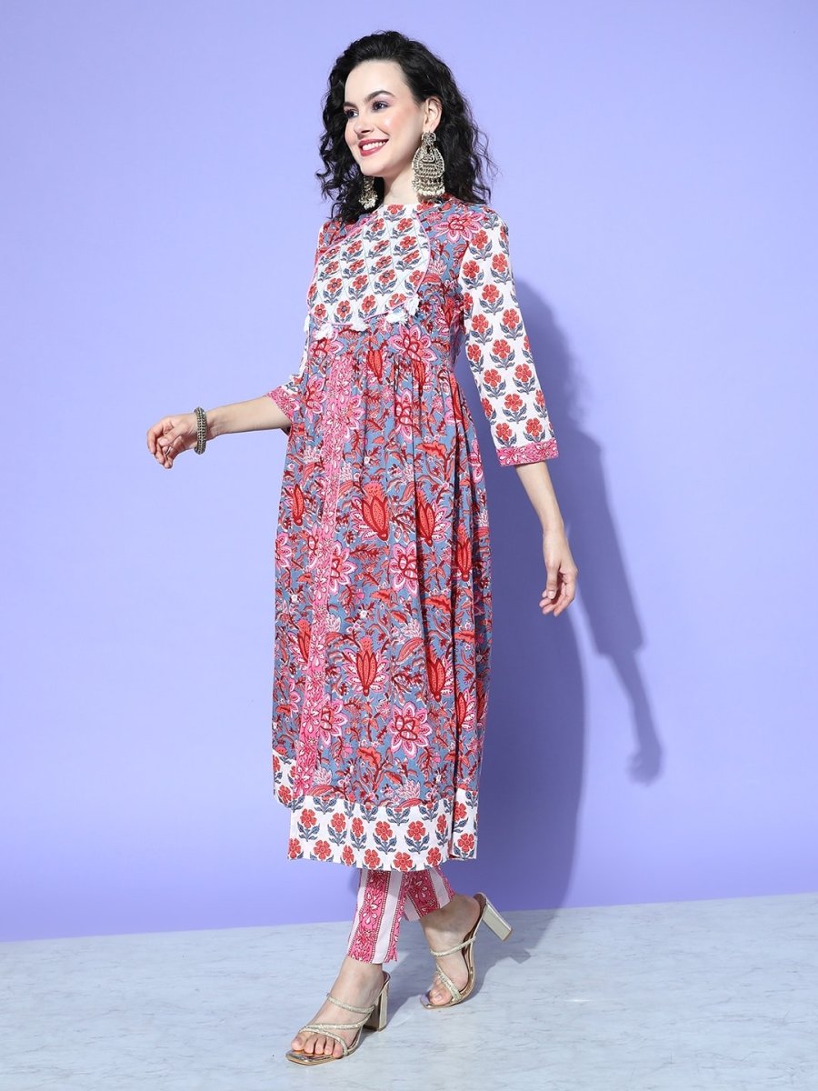 All About You Floral Printed Mirror Work Pure Cotton Kurta With Trousers & Dupatta - Distacart