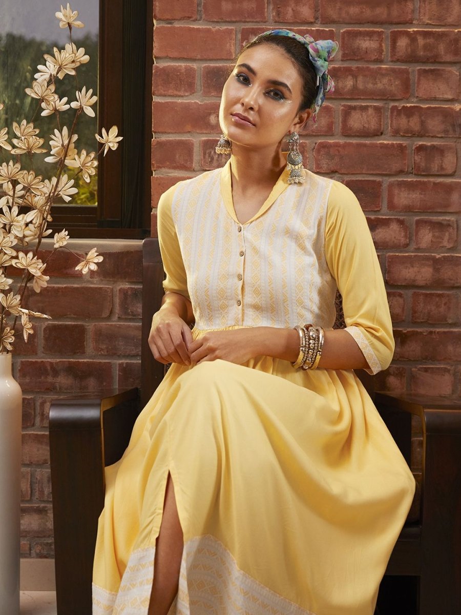 AURELIA Yellow & White Yoke Design Cotton Maxi Ethnic Dress - Distacart