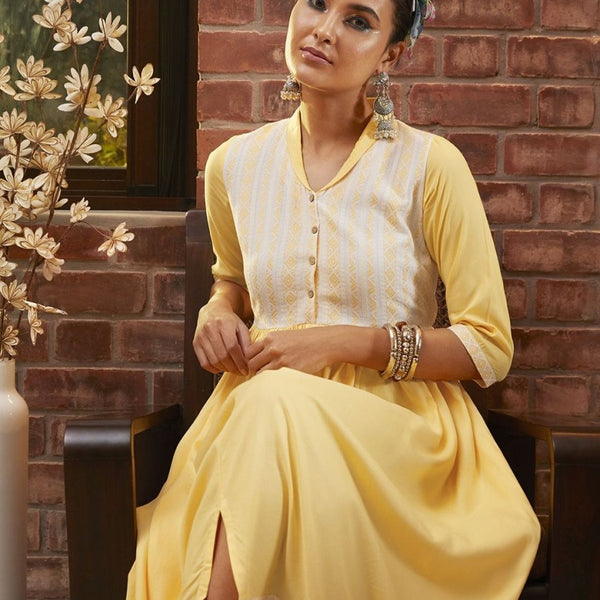 AURELIA Yellow & White Yoke Design Cotton Maxi Ethnic Dress - Distacart