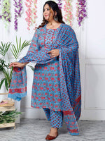 Thumbnail for Swasti Plus Size Floral Printed Sequinned Pure Cotton Kurta With Trouser & Dupatta