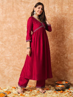 Thumbnail for Kalini Ethnic Motif Embroidered Empire Thread Work Anarkali Kurta & Trousers With Dupatta - Distacart