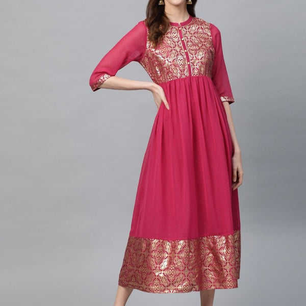 AURELIA Women Pink & Golden Printed A-Line Dress - Distacart