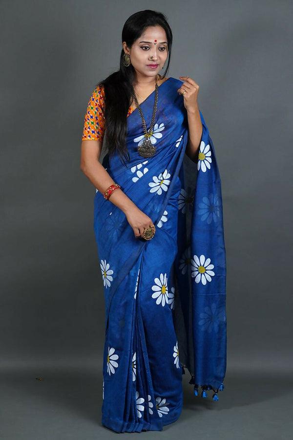 Exclusive Collection Blue Pure Cotton Saree With Sunflower Design