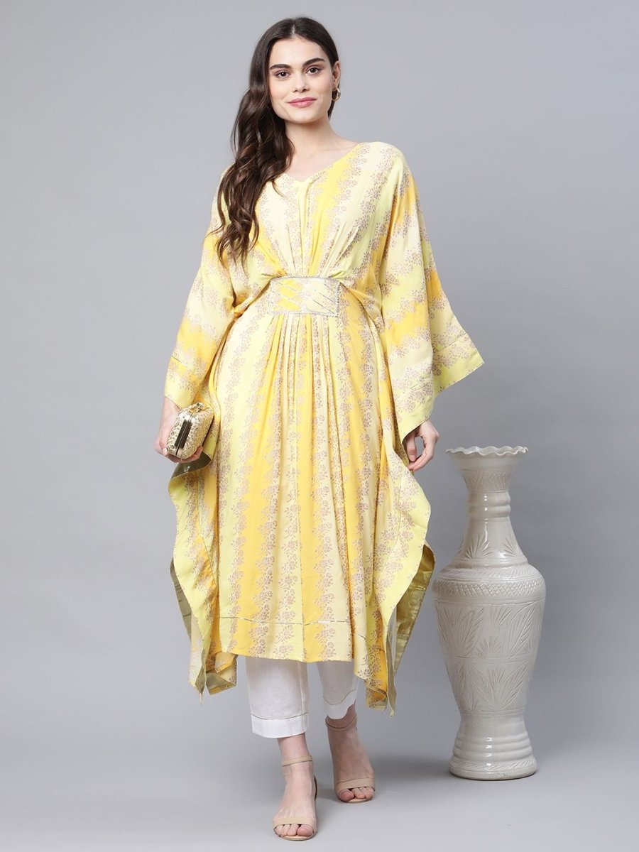 Ahalyaa Women Yellow Rayon Printed Flared Sleeve Kaftan Kurta - Distacart