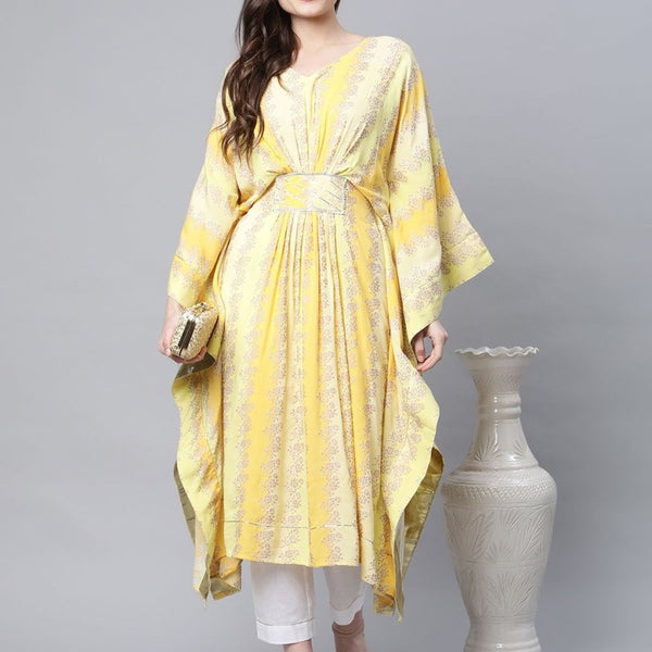 Ahalyaa Women Yellow Rayon Printed Flared Sleeve Kaftan Kurta - Distacart