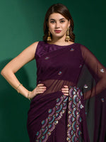 Thumbnail for Anouk Purple & Blue Embellished Sequinned Saree - Distacart