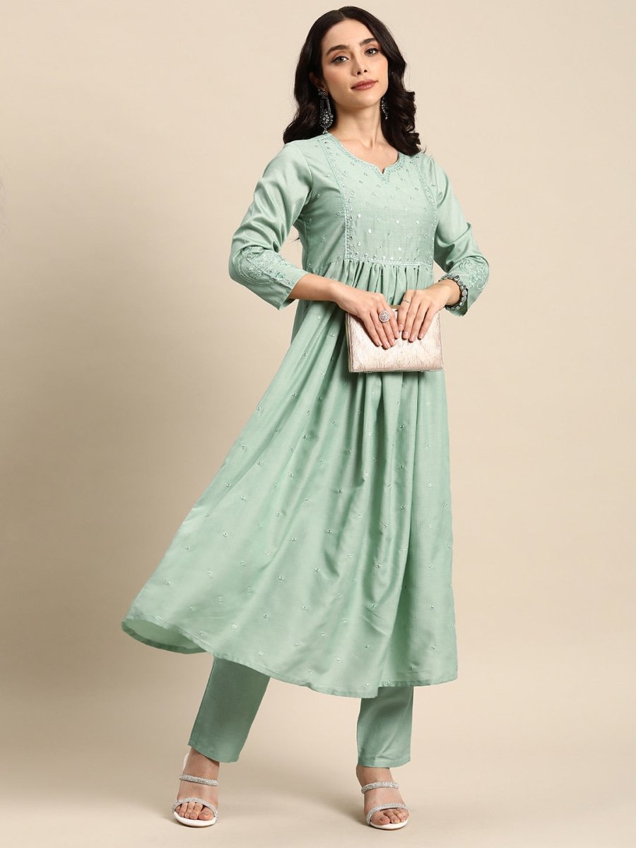 All About You Ethnic Motifs Embroidered Mirror Work Kurta With Trousers - Distacart