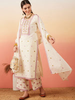 Thumbnail for Sangria Floral Embroidered Pure Cotton Straight Kurta With Palazzo & Dupatta