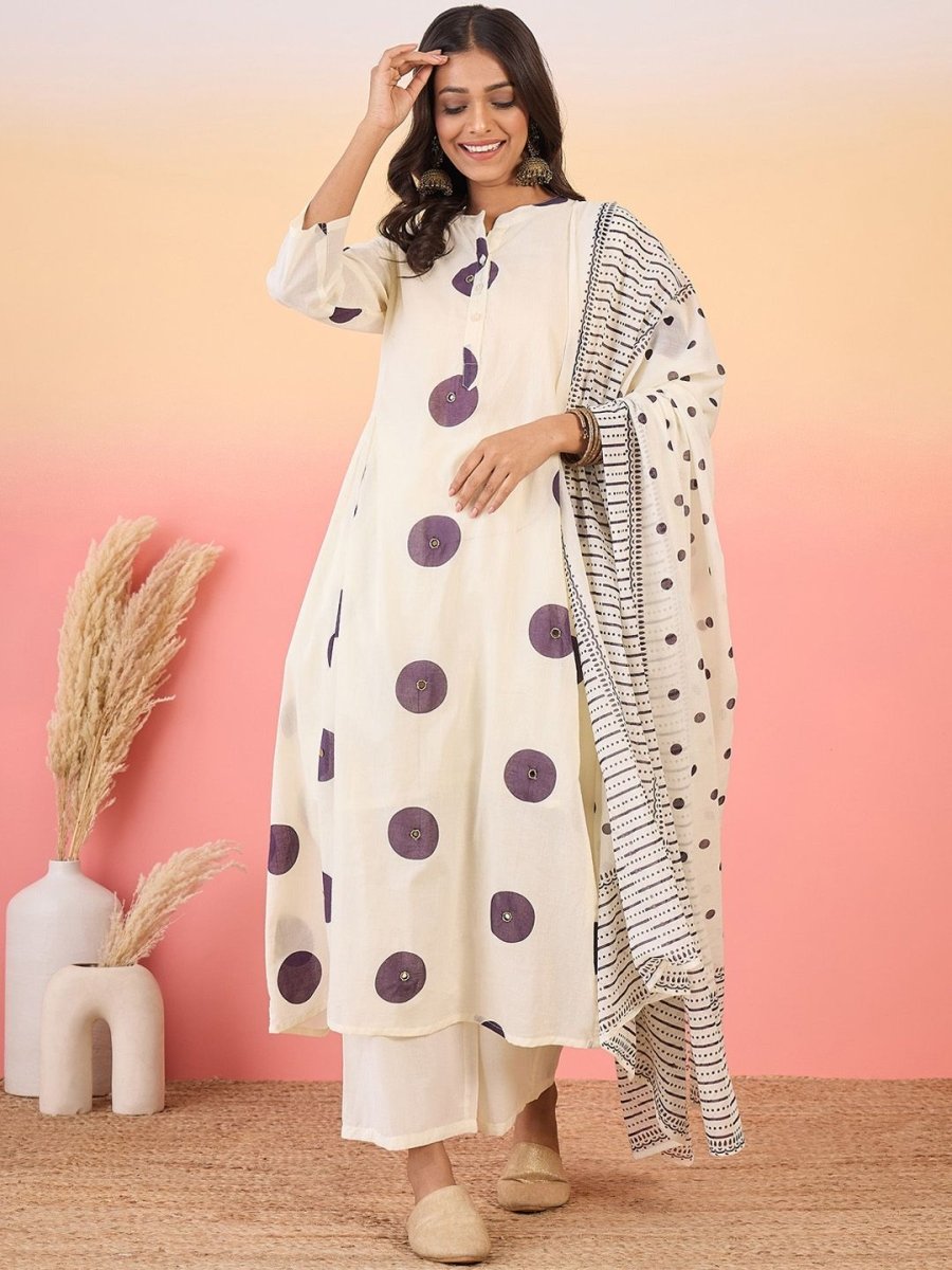 Anouk Purple & Off White Geometric Printed Pure Cotton Kurta with Palazzos & With Dupatta - Distacart