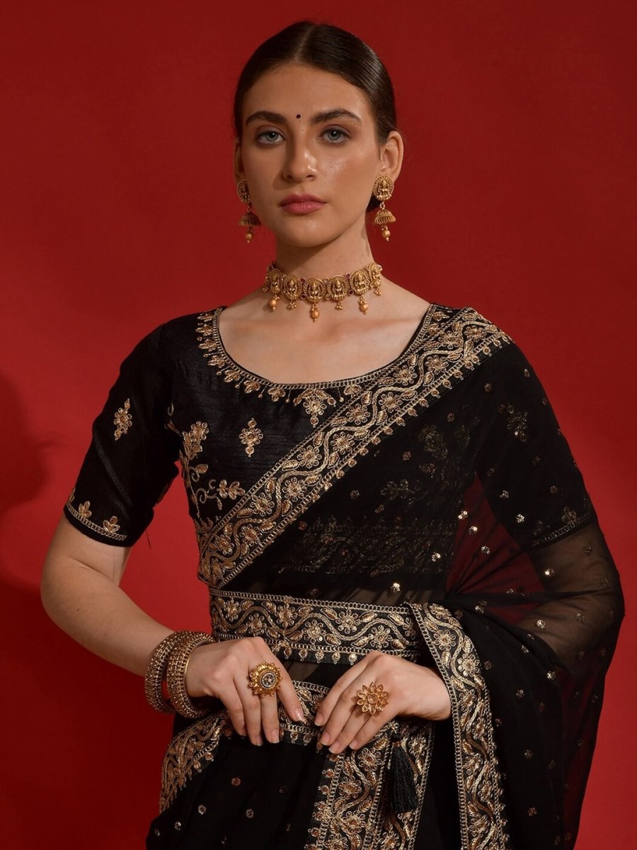 Anouk Black & Gold-Toned Embellished Embroidered Pure Georgette Saree - Distacart