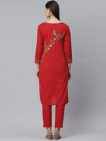 Thumbnail for ADA Women Red & Green Chikankari Hand Embroidered Sustainable Handloom Kurta with Trousers - Distacart