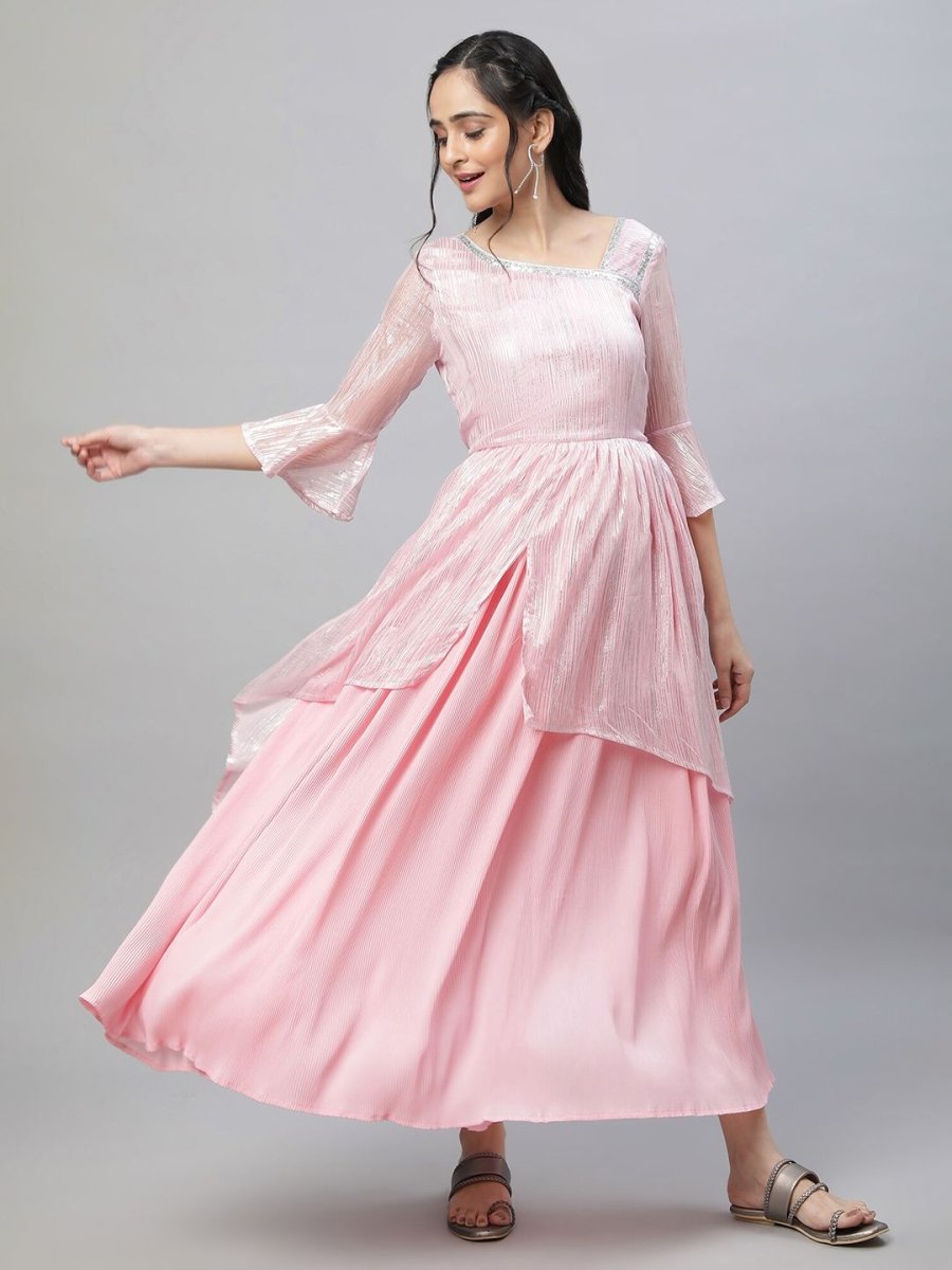 AURELIA Asymmetric Neck Bell Sleeve Layered Fit & Flare Maxi Ethnic Dress