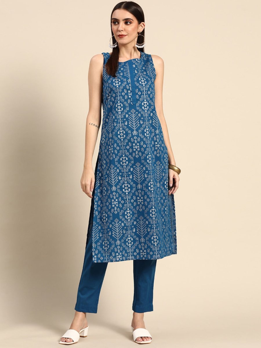 Anouk Women Navy Blue Ethnic Motifs Printed Kurta with Trousers - Distacart