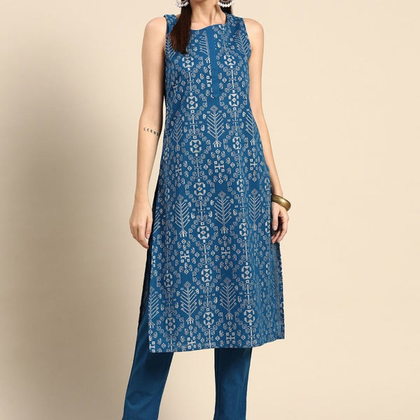 Anouk Women Navy Blue Ethnic Motifs Printed Kurta with Trousers - Distacart