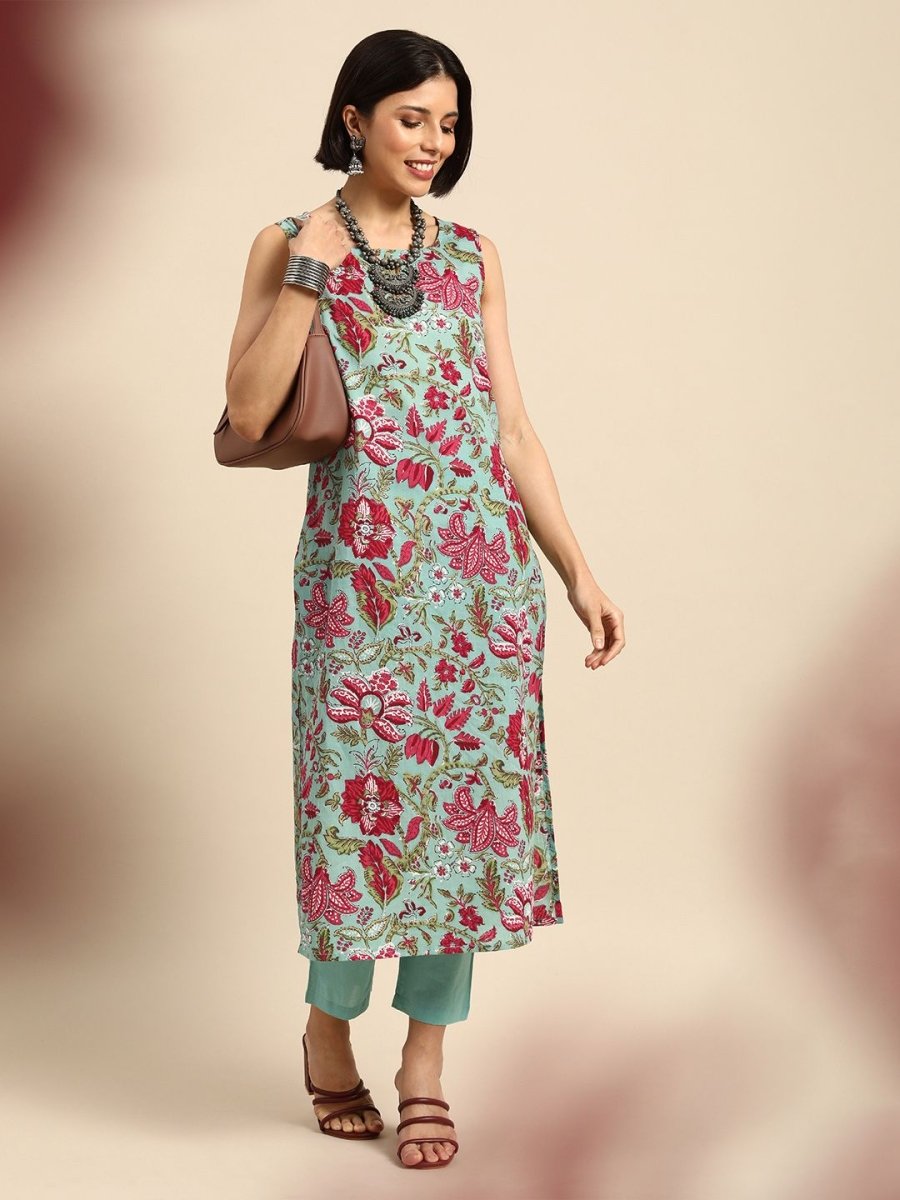 Anouk Women Turquoise Blue Floral Printed Pure Cotton Kurta with Trousers - Distacart
