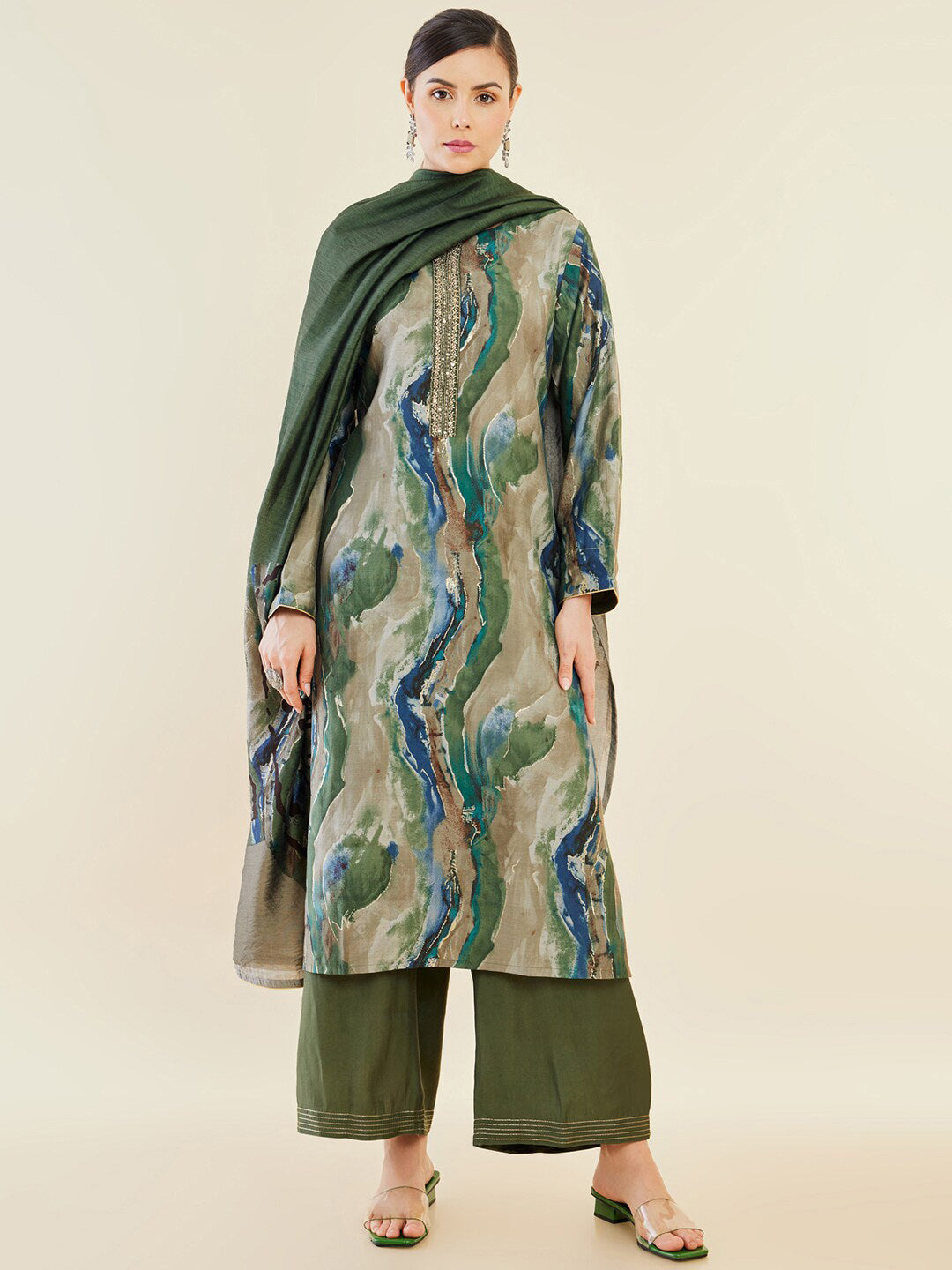 Soch Green Abstract Printed Regular Straight Kurta & Palazzos With Dupatta - Distacart