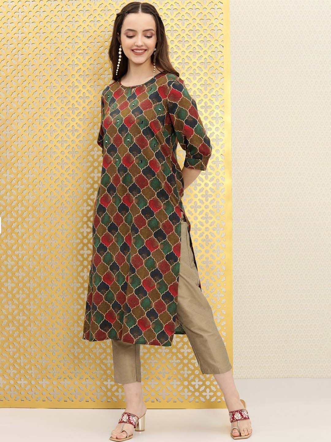 Ode by House of Pataudi Ethnic Motifs Printed Boat Neck Mirror Work Detailed Kurta - Distacart