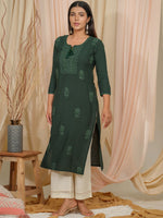 Thumbnail for Ode by House of Pataudi Floral Embroidered Tie-Up Neck Straight Kurta - Distacart